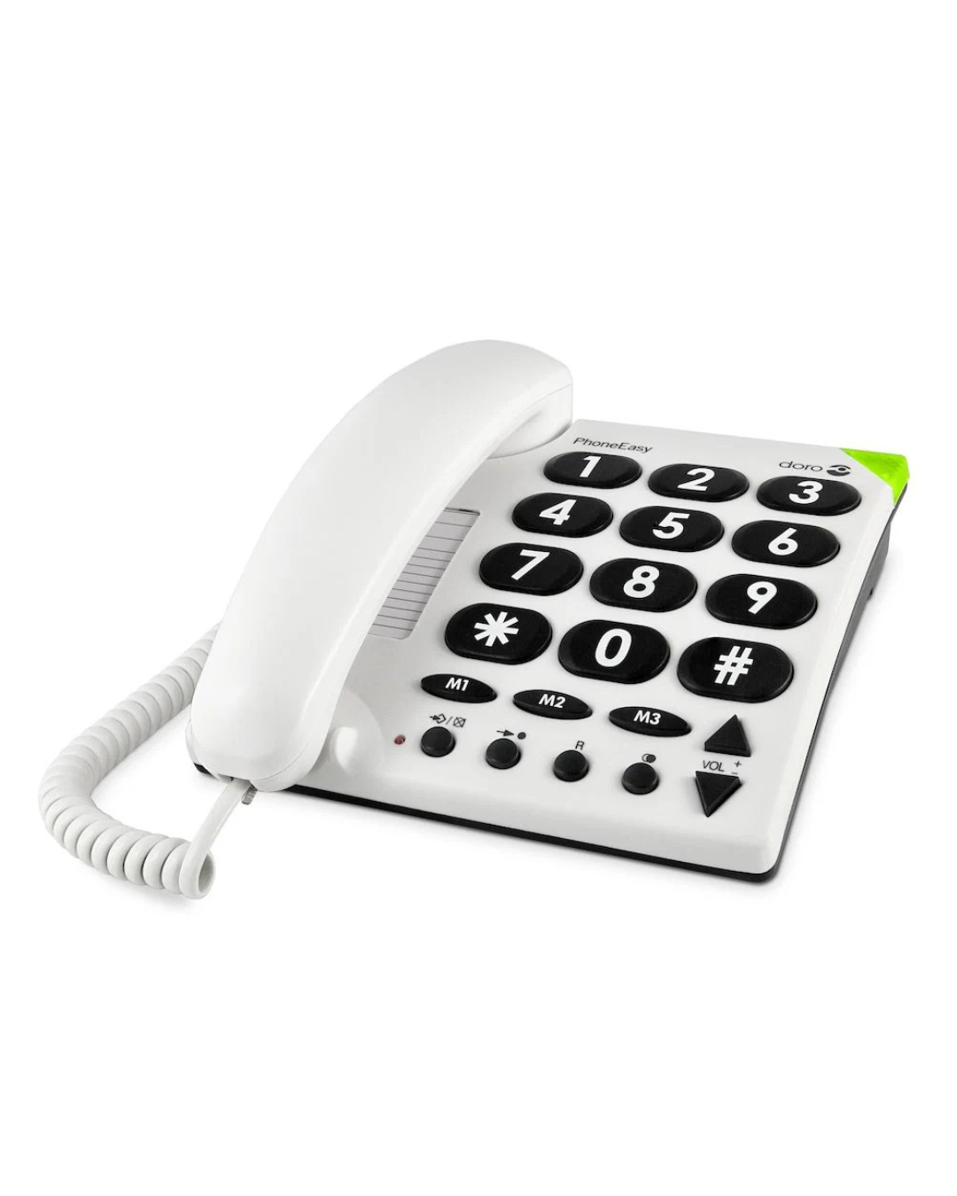 White phone with large black buttons on a white background