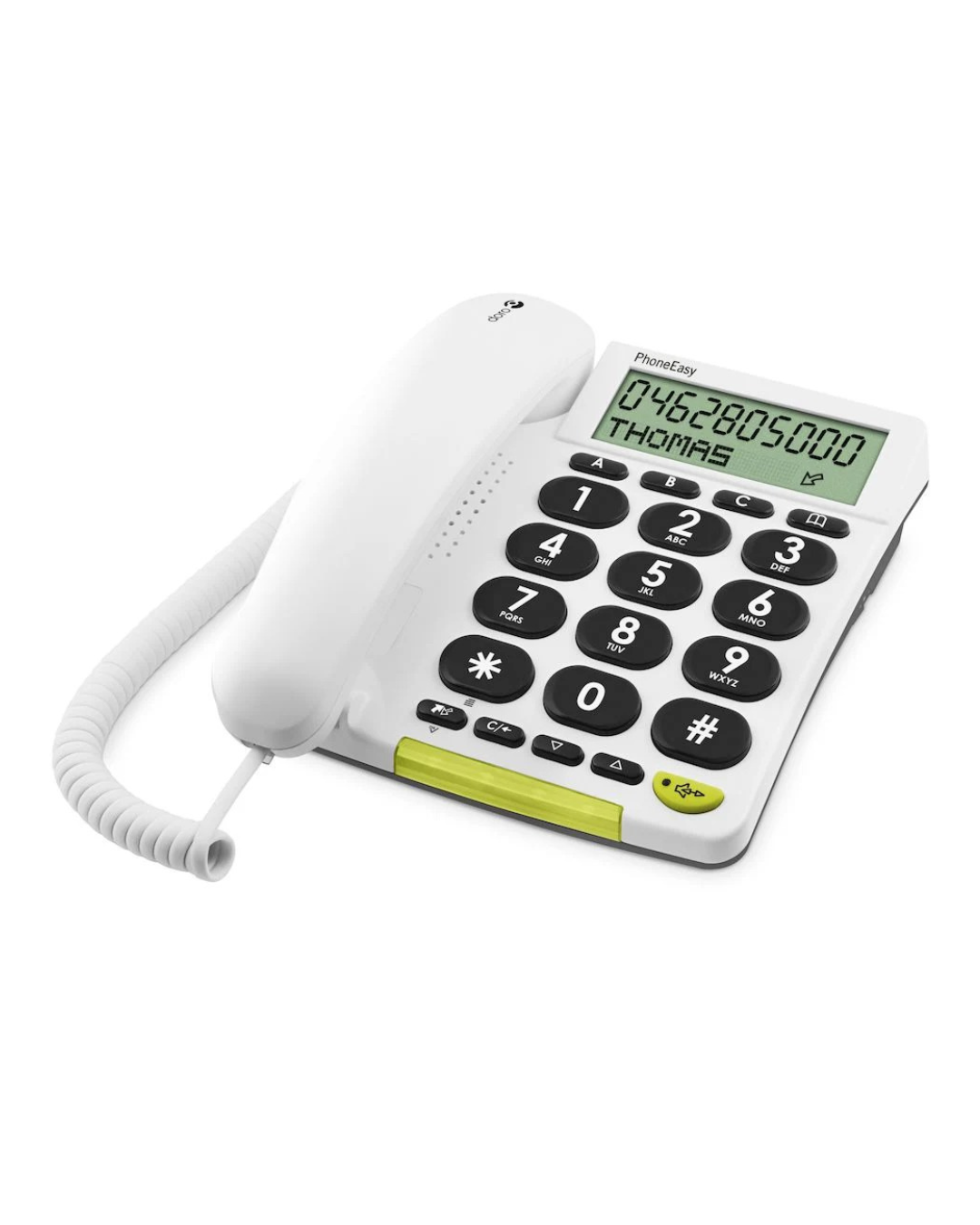 White telephone with large buttons and digital display on a white background