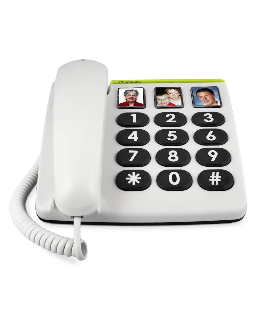White telephone with large black buttons and photo display on a white background