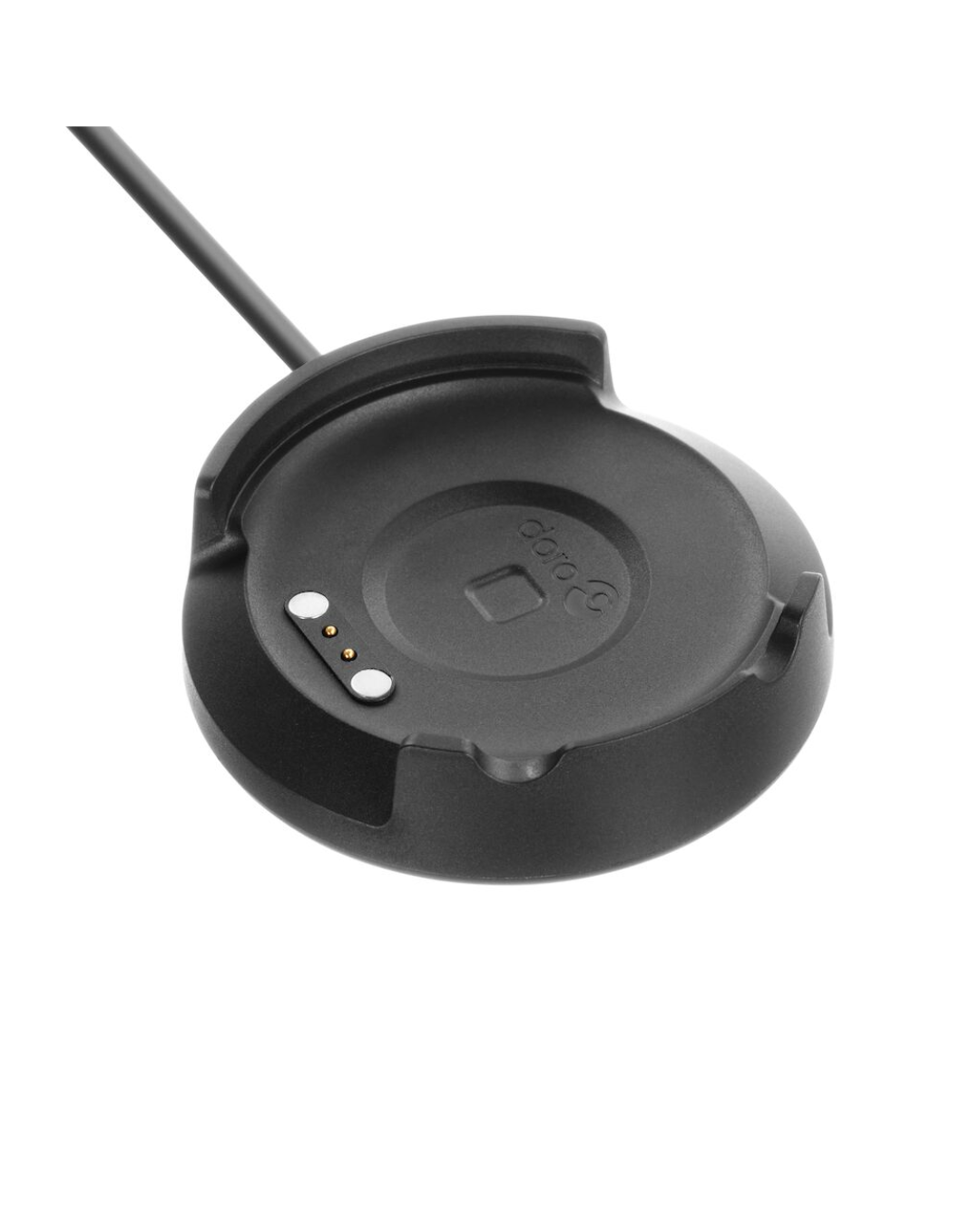 Black circular device with a cable on a white background