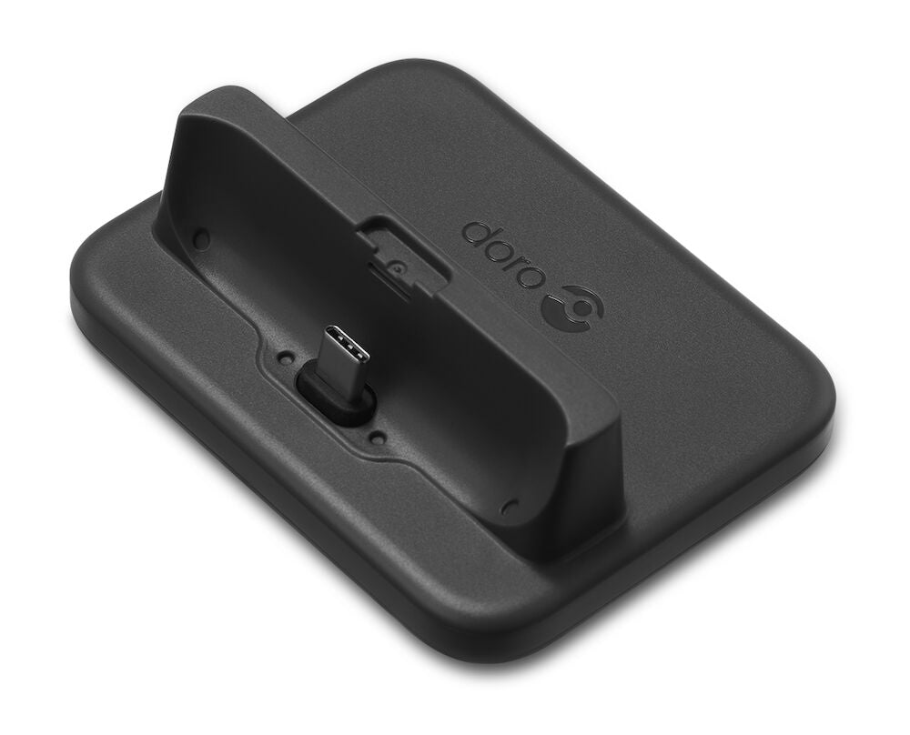 Black electronic device dock with 'doro' branding on a white background
