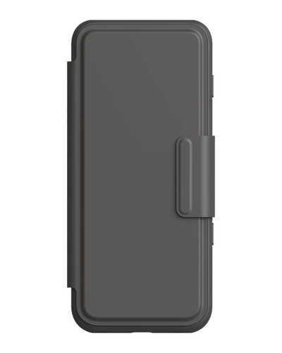 Black phone case with a flip design on a white background