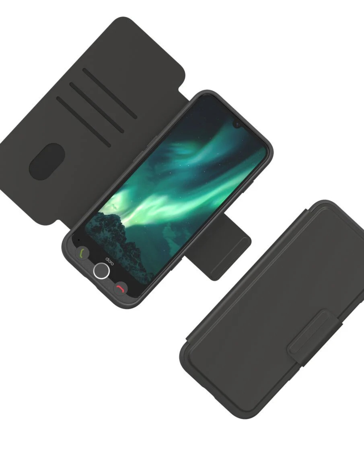 Black phone case with a phone displaying a green screen on a white background