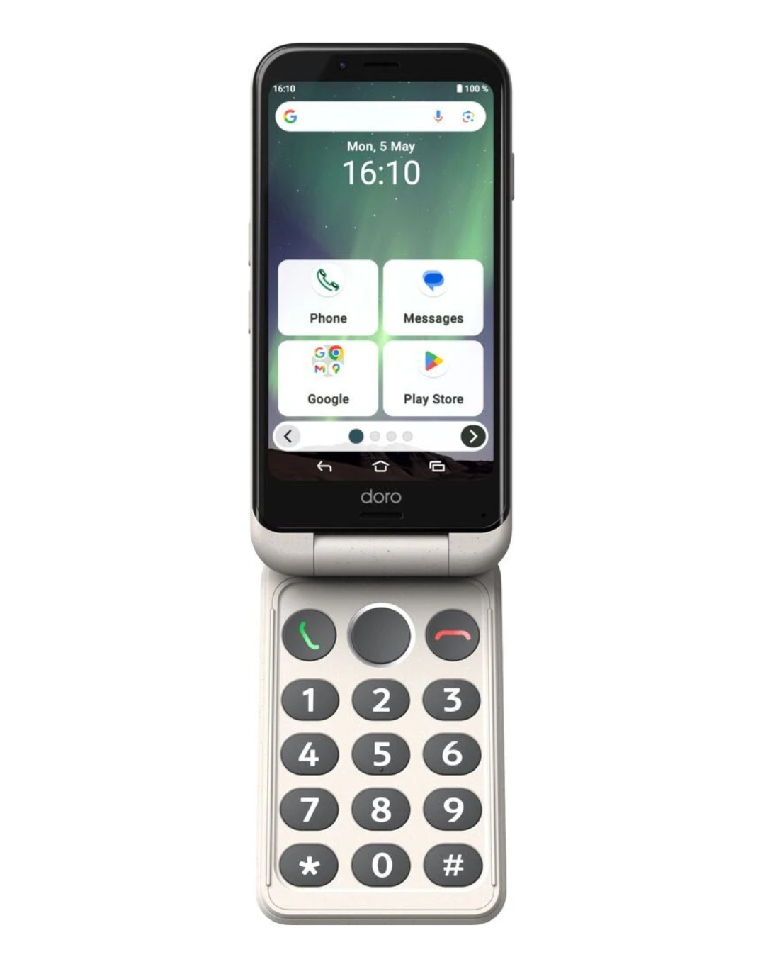 Flip phone with screen displaying app icons on a white background
