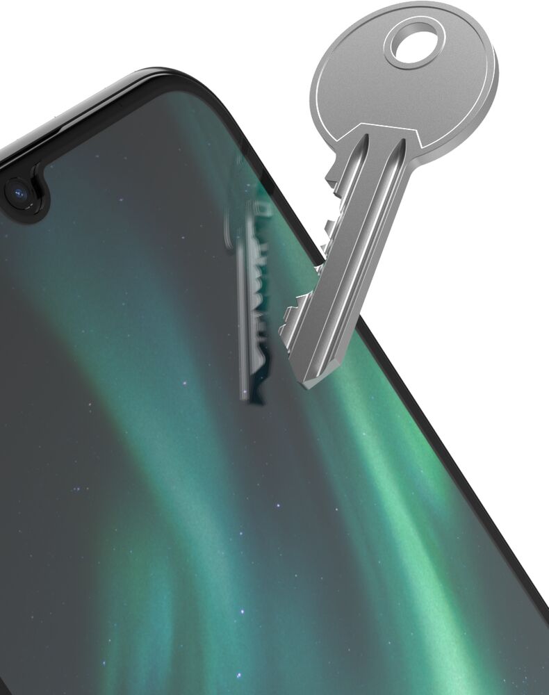 Smartphone with a key on a white background