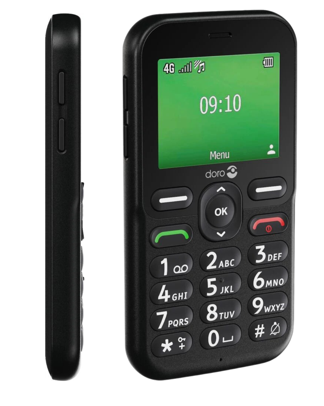 Black basic mobile phone with green screen displaying time and Doro branding on a white background
