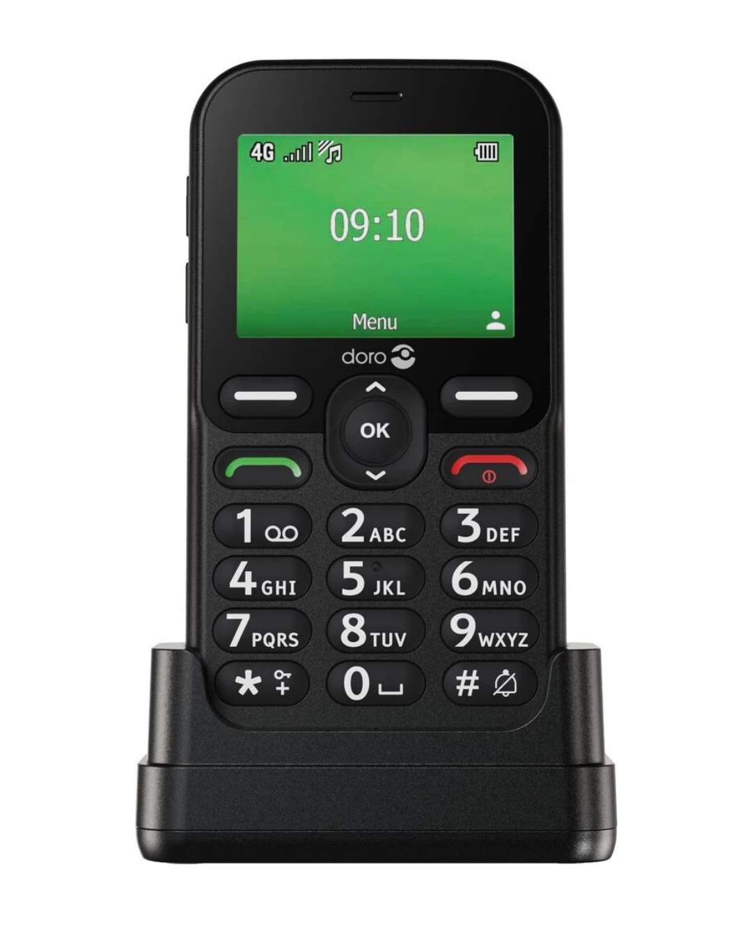 Black Doro phone with green screen on a white background