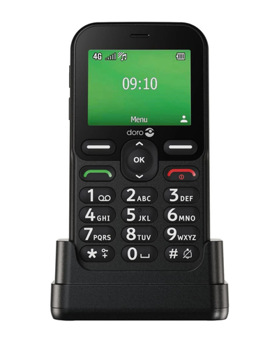Black Doro phone with green screen on a white background