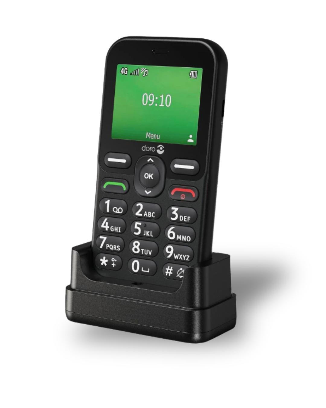 Black phone with green screen on a white background