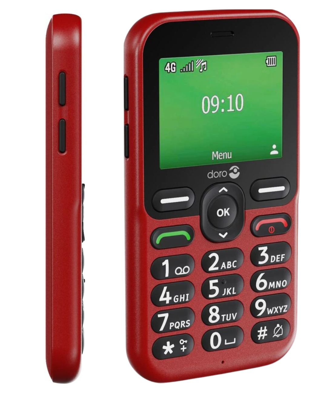 Red mobile phone with green screen displaying time and Doro branding on a white background