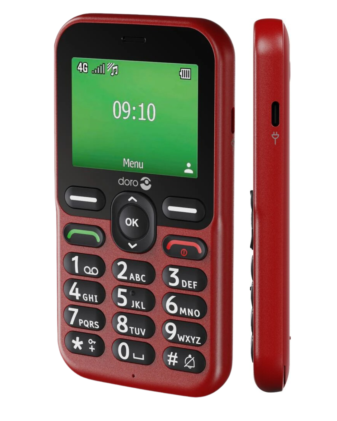 Red Doro phone with green screen on a white background