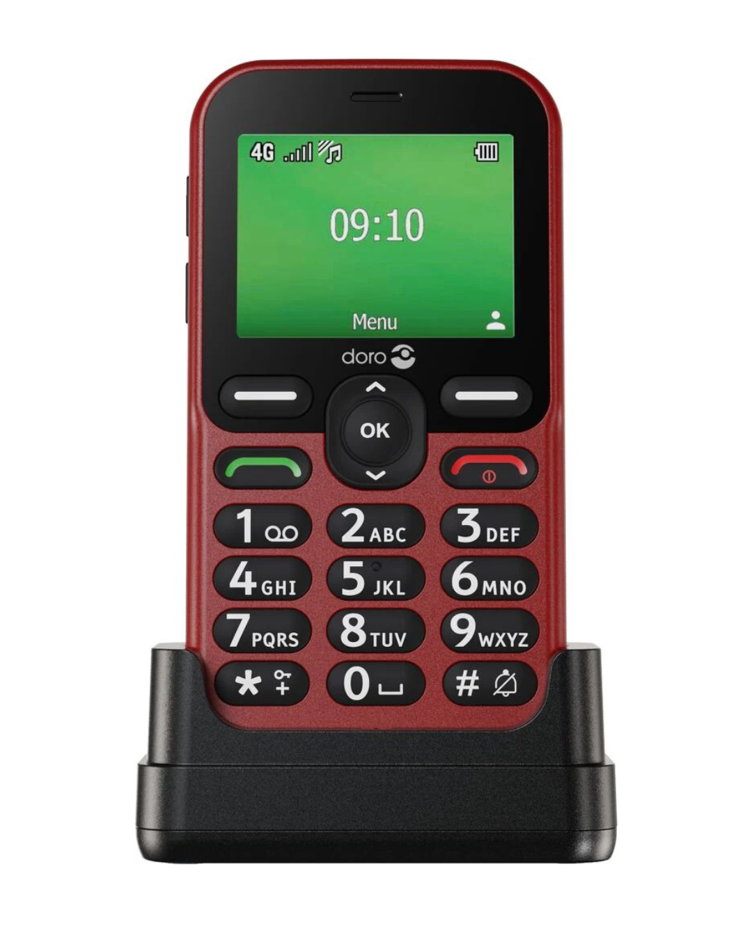 Red and black Doro phone with green screen on a white background