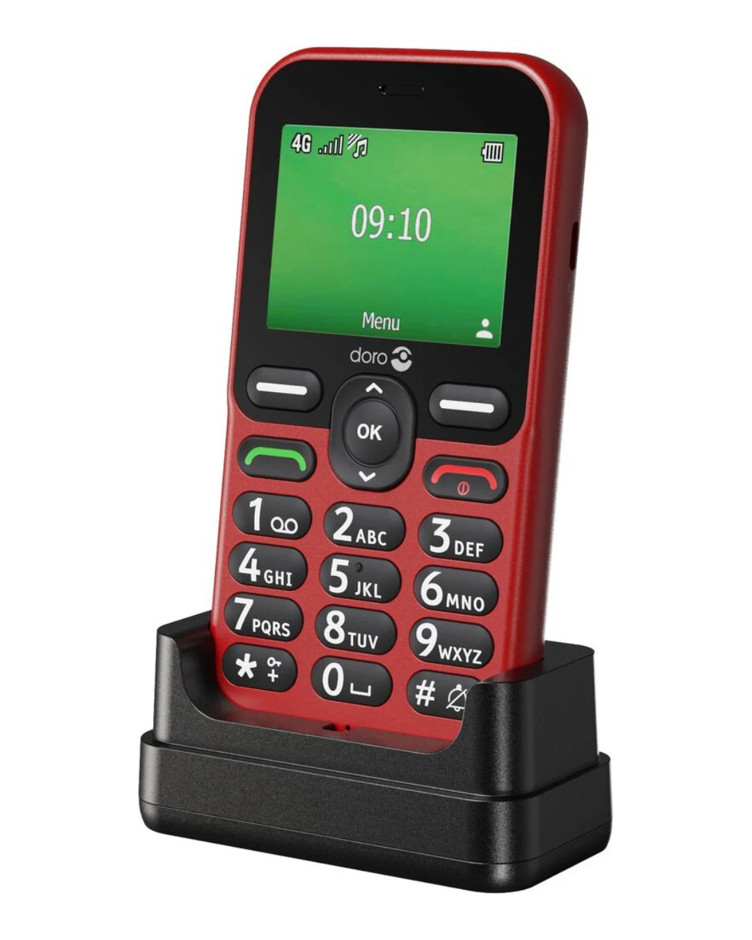Red Doro phone with green screen on a white background