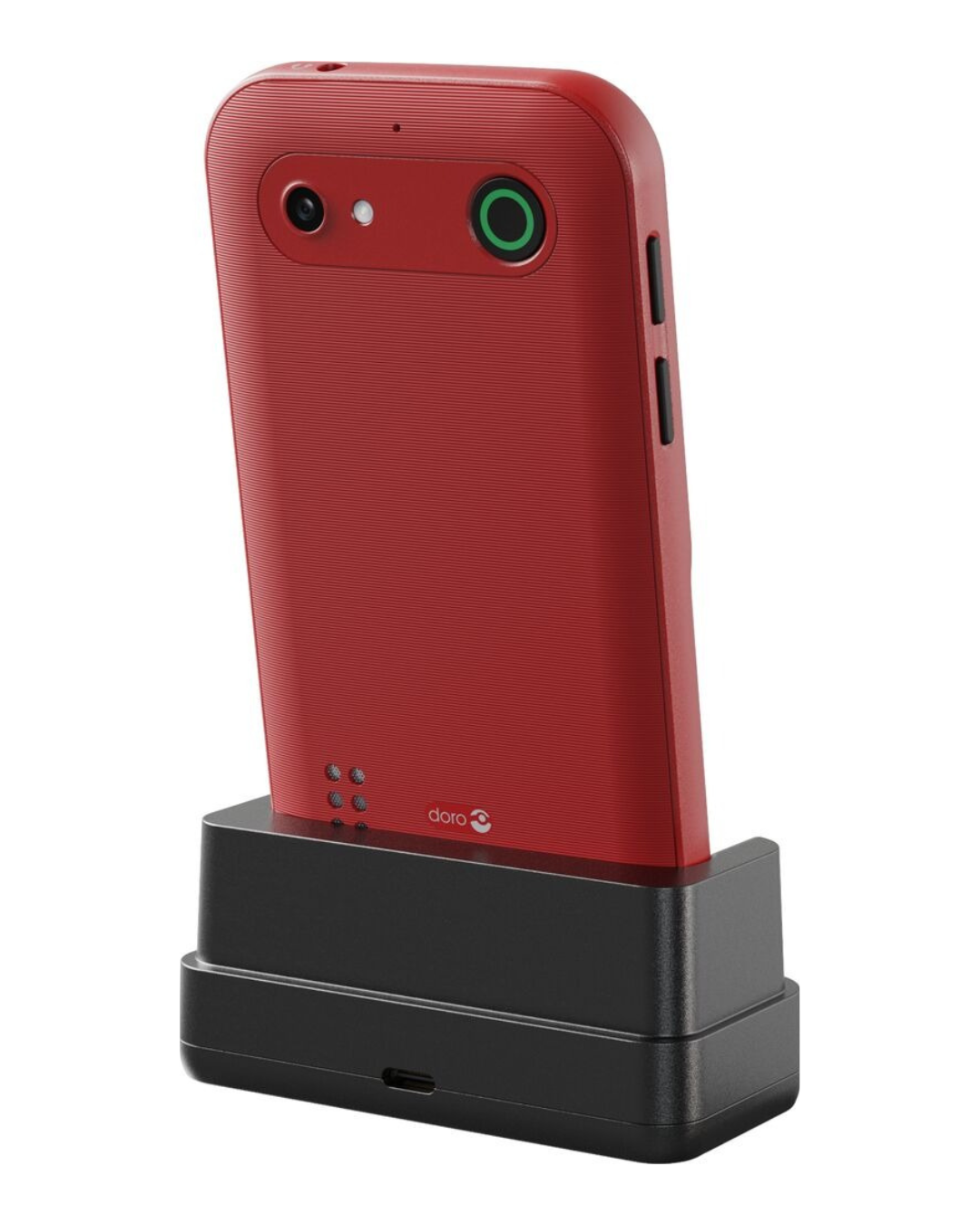 Red smartphone on a black charging stand with a white background