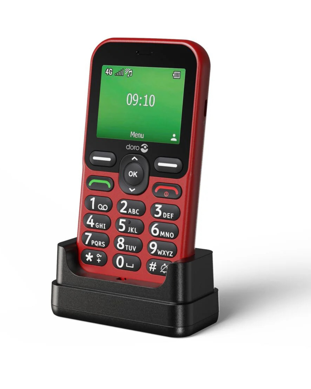 Red mobile phone with a green screen on a white background