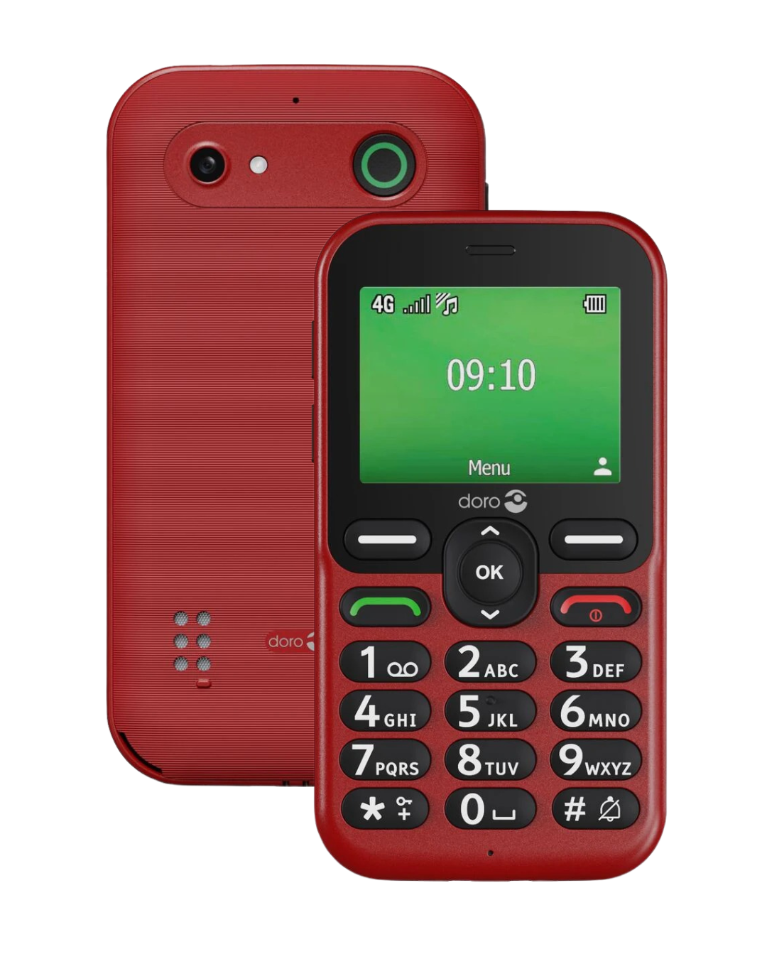 Red mobile phone with green screen displaying time and menu options on a white background