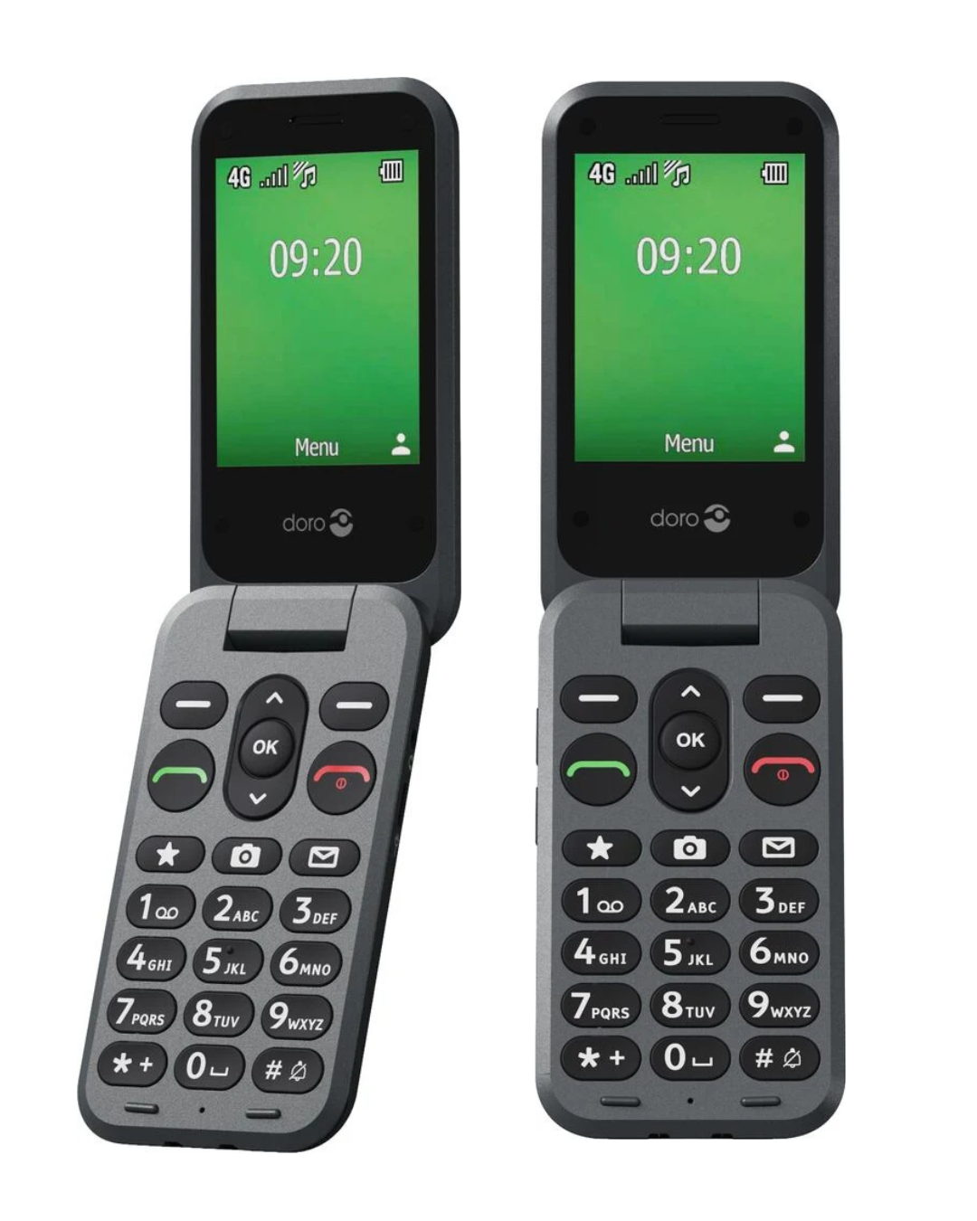 Two Doro flip phones side by side on a white background