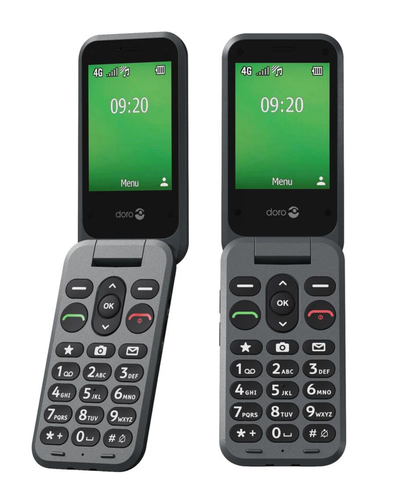 Two Doro flip phones side by side on a white background