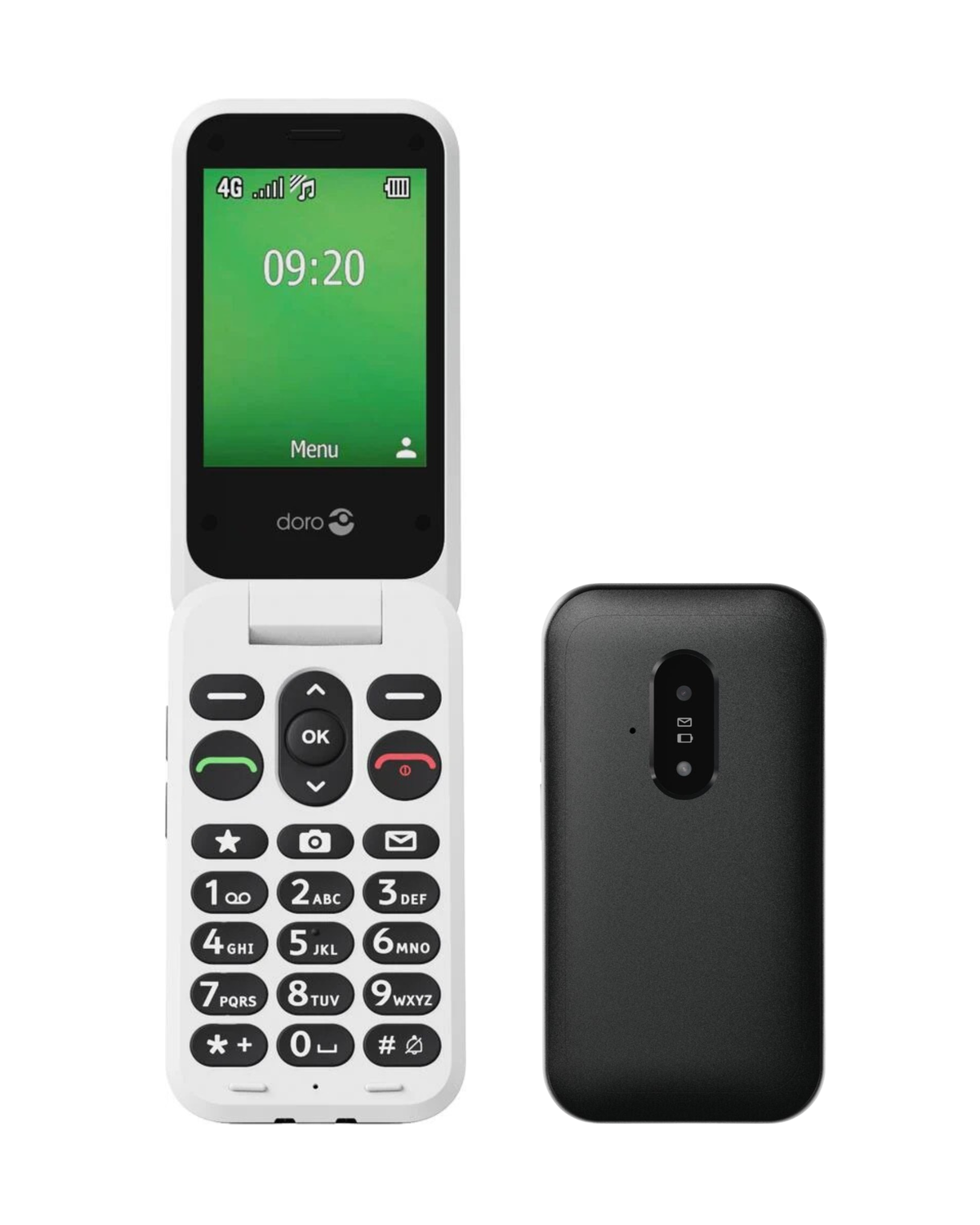 Flip phone with green screen and keypad on a white background