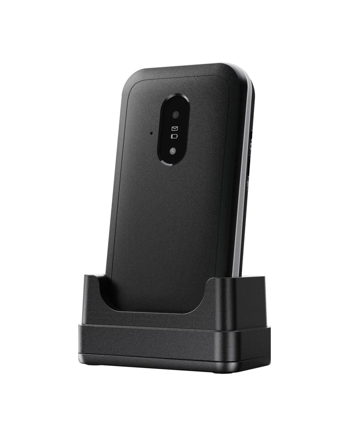 Black phone stand with a smartphone on a white background