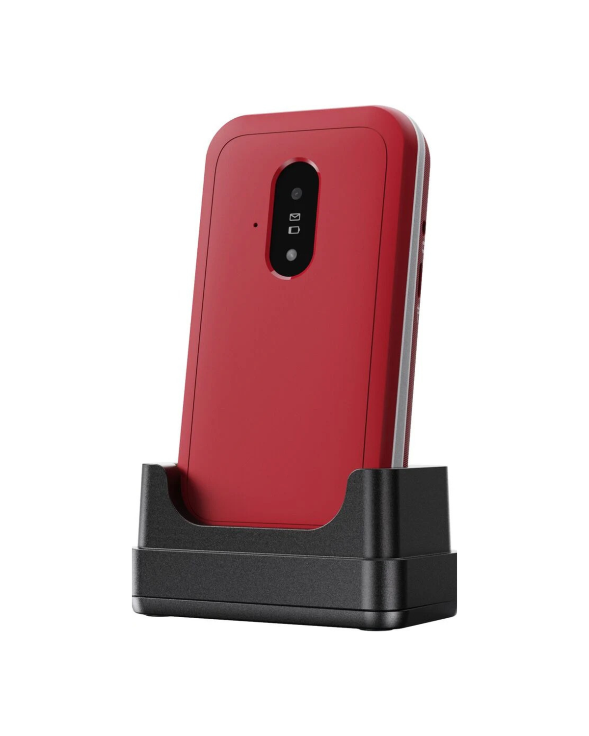 Red phone case on a black stand with a white background