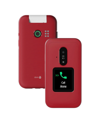 A red flip-style smartphone case shown open and closed on a plain white background. The closed case is positioned behind the open one, which displays a front screen area with a phone icon and the text 'Call Anne'.