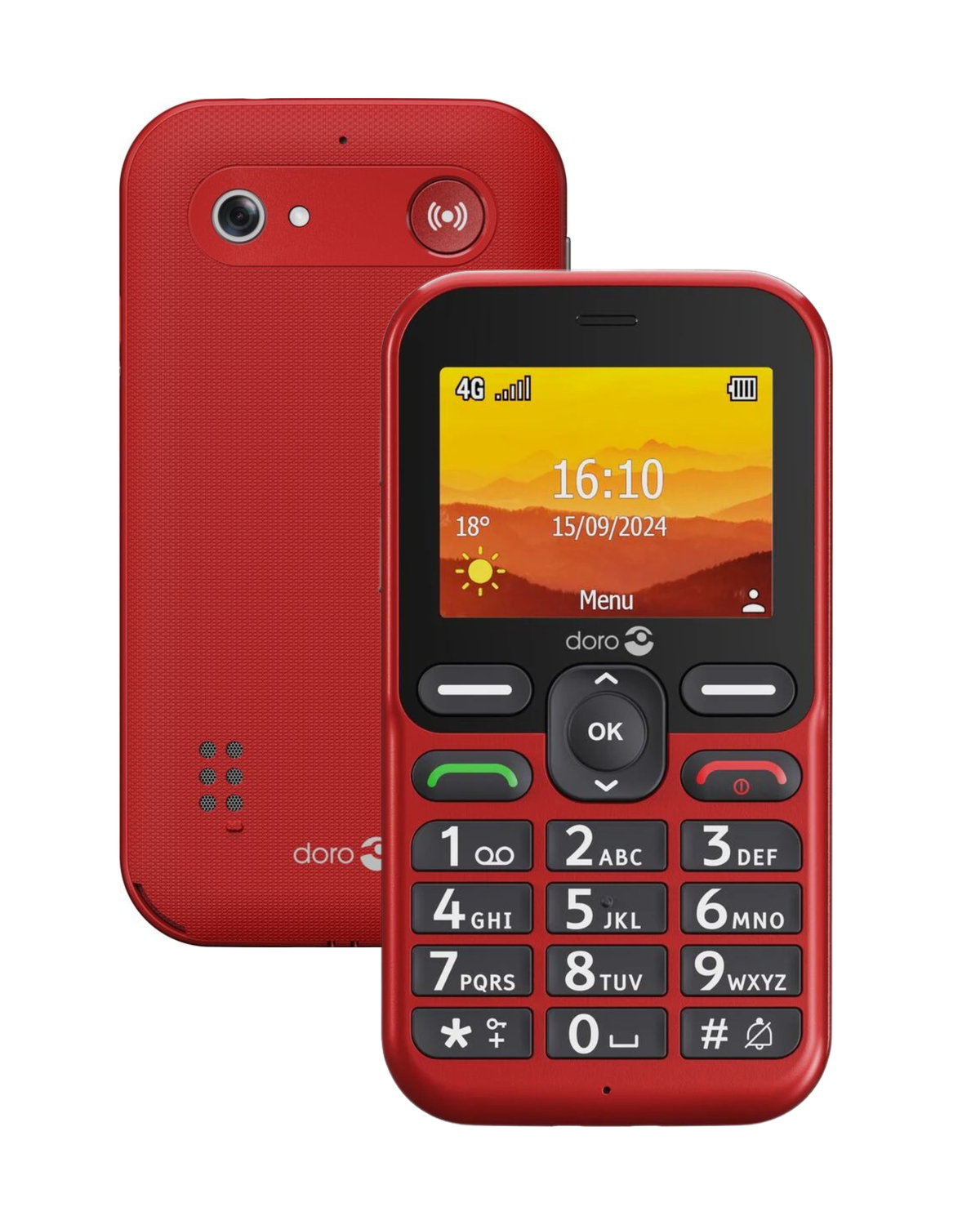 Red mobile phone with keypad on a white background