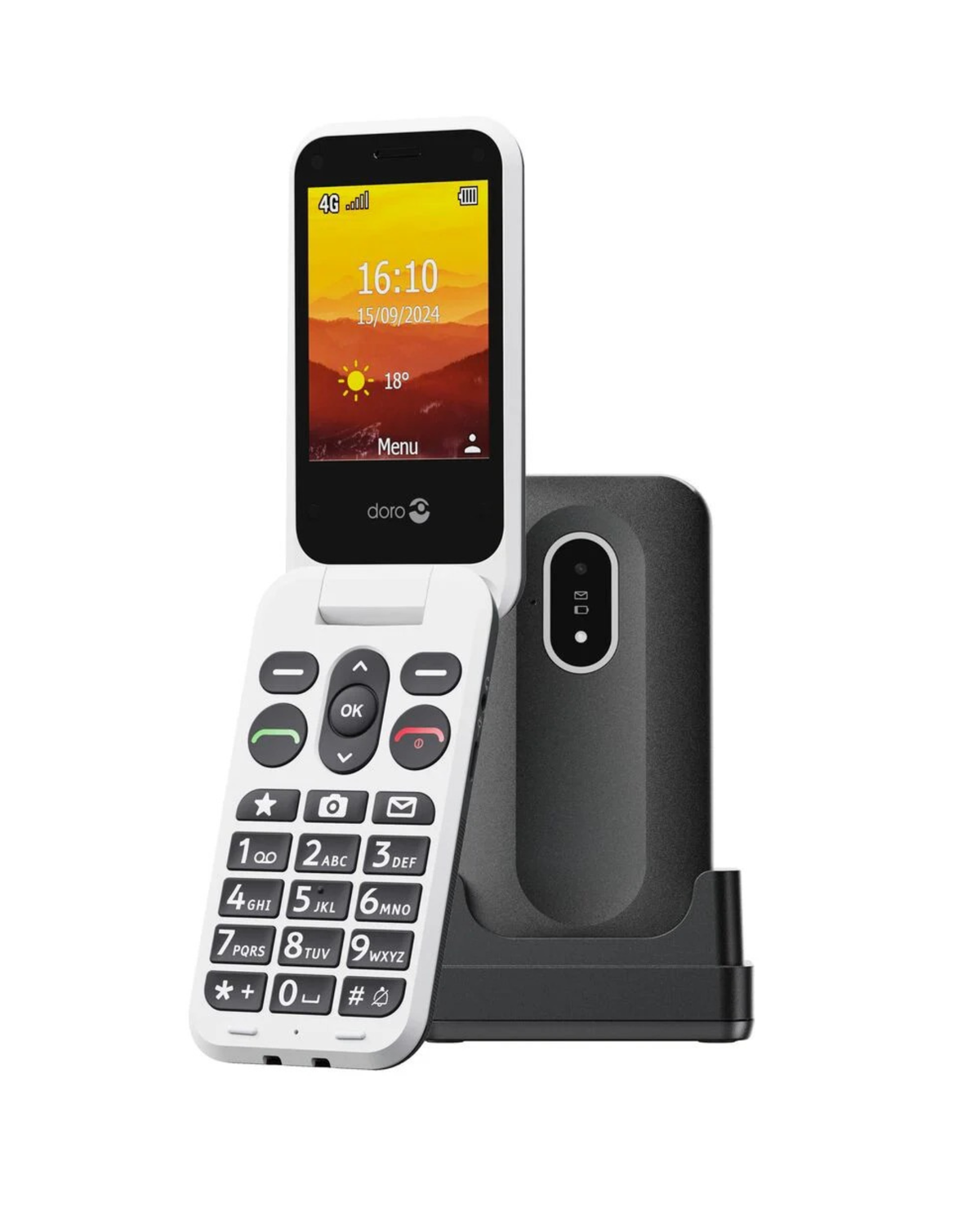 White phone with large buttons and a screen displaying time and date, on a white background