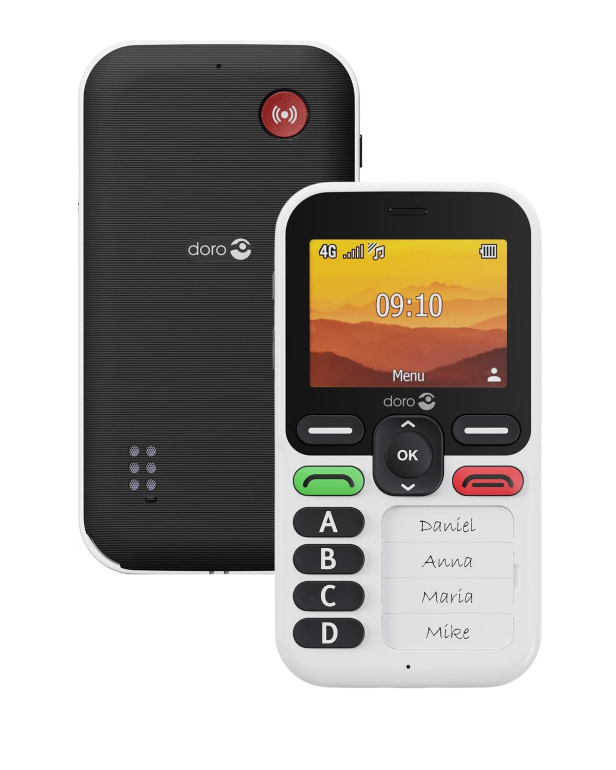 Two Doro mobile phones, one black and one white with colorful display, on a white background.