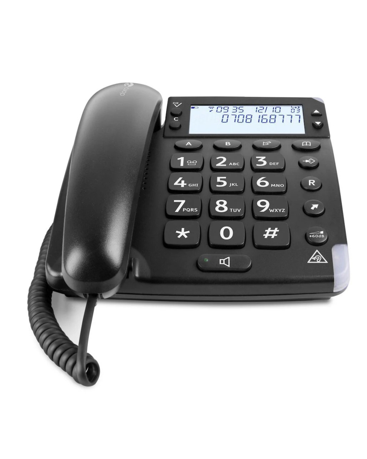 Black landline phone with large buttons on a white background