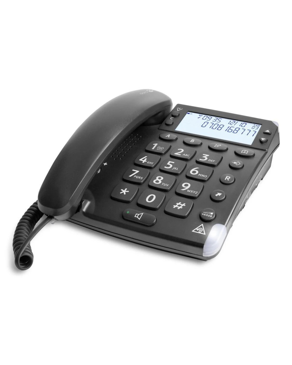 Black office phone with large buttons on a white background