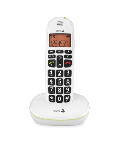 White cordless phone with large buttons on a white background