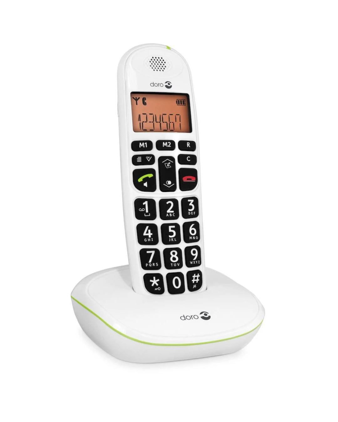 White cordless phone with large buttons on a white background