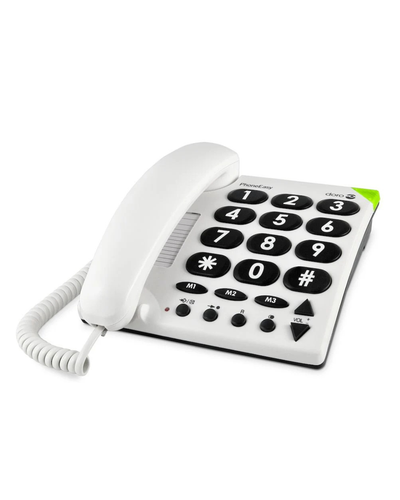 White phone with large black buttons on a white background