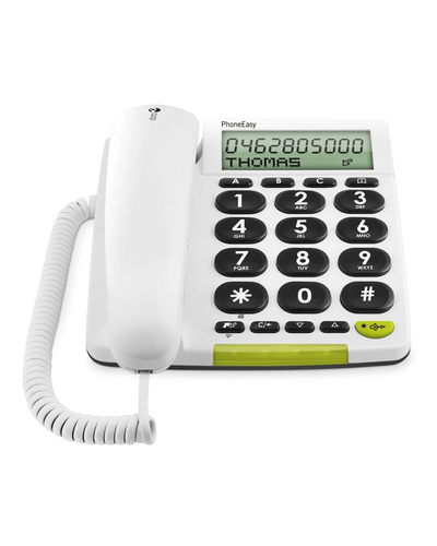 White telephone with large black buttons on a white background