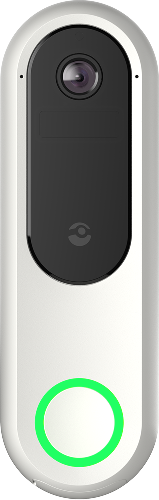 A white smart security camera or doorbell with a large black camera lens at the top and a glowing green circular button at the bottom, shown on a plain white background.