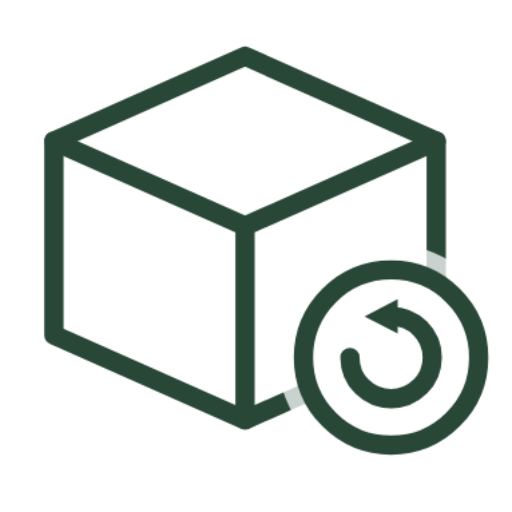 A dark green line icon showing a cube with a circular refresh or retry symbol on the front, set on a plain white background.