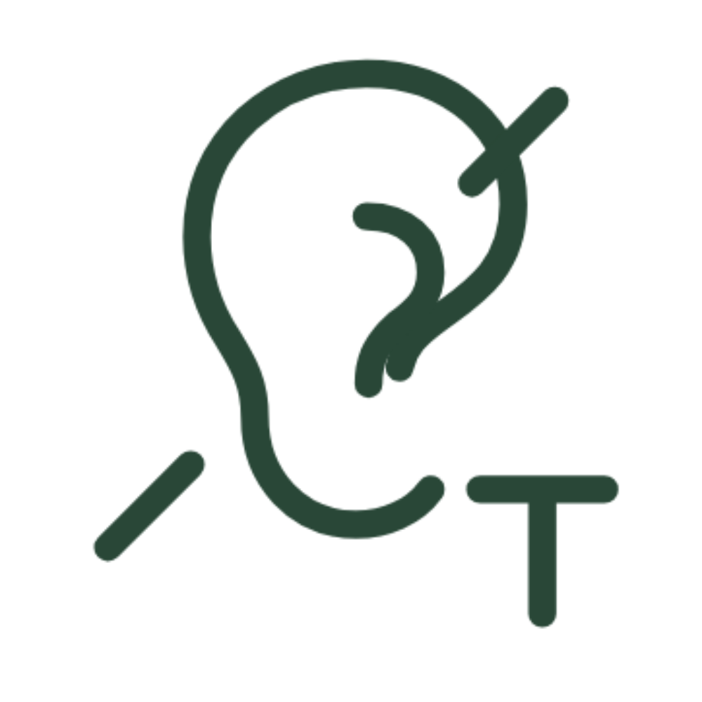 A dark green line icon depicting an ear with a hearing aid symbol and the letters 'T' and 'H' on a plain white background.